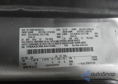 2020 Ford Transit-350 Passenger Van Xlt z USA, uszkodzony, nr VIN 1FBAX2C89LKA12366